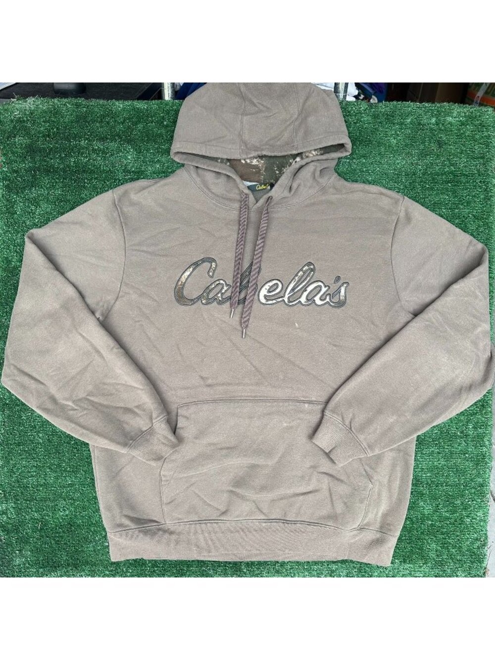 Vintage Y2K Cabela's Camo Script Hoodie Sweatshirt Gray L Hunting Outdoor Grunge